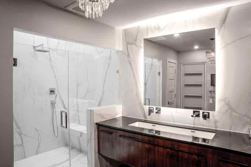 Modern shower with large porcelain panels